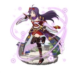 Rule 34 | 1girl, ahoge, black gloves, black thighhighs, detached sleeves, faux figurine, fingerless gloves, floating hair, full body, gloves, headband, holding, holding sheath, holding sword, holding weapon, japanese clothes, leg up, looking at viewer, midriff, miniskirt, navel, pleated skirt, purple eyes, purple hair, purple neckwear, red eyes, red headband, red skirt, sheath, simple background, skirt, smile, solo, standing, standing on one leg, stomach, sword, sword art online, thighhighs, unsheathed, weapon, white background, yuuki (sao)