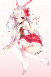 Rule 34 | 1girl, ;), animal ears, bare shoulders, blush, bow, closed mouth, dungeon and fighter, gradient background, hair bow, hand up, heart, holding, holding own hair, long hair, looking at viewer, lying, no shoes, on side, one eye closed, panties, pantyshot, rabbit ears, red bow, red eyes, red skirt, ripe.c, skirt, smile, solo, strapless, thighhighs, thighs, toes, tube top, two side up, underwear, upskirt, white panties, white thighhighs