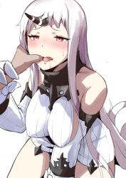 Rule 34 | 1girl, absurdres, abyssal ship, blush, breasts, claws, detached sleeves, dress, finger in another&#039;s mouth, highres, horns, kantai collection, large breasts, long hair, manno (kanpi2100), open mouth, pale skin, red eyes, ribbed dress, seaport princess, short dress, single horn, sitting, solo focus, sweatdrop, very long hair, white hair