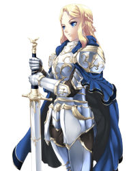 Rule 34 | 1girl, armor, blonde hair, blue cape, blue eyes, braid, breastplate, cape, crown braid, french braid, gauntlets, holding, holding staff, holding sword, holding weapon, long hair, night, original, os (ososos), pauldrons, shoulder armor, simple background, solo, staff, standing, sword, weapon, white background