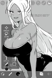 Rule 34 | 1girl, animal ears, art program in frame, bare shoulders, blush, boku no hero academia, breasts, cleavage, collarbone, dark-skinned female, dark skin, fanbox username, greyscale, guchapin, highres, large breasts, leaning forward, leotard, long eyelashes, long hair, looking at viewer, mirko, monochrome, off shoulder, one-piece swimsuit, open mouth, parted bangs, patreon username, rabbit ears, rabbit girl, rabbit tail, smile, solo, strap slip, sweat, swimsuit, tail, user interface, very long hair, white hair, white leotard
