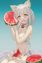Rule 34 | 1girl, absurdres, animal ear fluff, animal ears, arknights, bare shoulders, bell, bikini, blue background, breasts, cleavage, commentary request, duona, eating, food, frilled bikini, frills, fruit, gradient background, green eyes, hair in own mouth, hands up, highres, holding, holding food, holding fruit, holding watermelon, kal&#039;tsit (arknights), looking at viewer, medium breasts, mouth hold, navel, neck bell, short hair, simple background, sitting, solo, stomach, swimsuit, watermelon, watermelon slice, white bikini, white hair