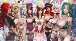 Rule 34 | 2018, ;p, absurdres, ahri (league of legends), alternate costume, animal ears, aqua bra, aqua hair, aqua panties, arms behind back, arms up, artist name, axe, battle bunny riven, belt, belt buckle, bicorne, bikini, black gloves, black hair, black legwear, black ribbon, black skirt, blonde hair, blue eyes, blue hair, bow, bra, braid, breasts, brown eyes, brown nails, buckle, bustier, caitlyn (league of legends), cat o&#039; nine tails, center opening, cleavage, crop top, cross-laced clothes, cuffs, detached collar, dress, elementalist lux, evan lee, eyeshadow, facial mark, fingernails, flower ornament, fox ears, fox girl, fox tail, frilled bra, frilled panties, frills, garter belt, gloves, gradient hair, green eyes, hair ornament, hair over one eye, hairband, hand on own chest, handcuffs, happy new year, hat, highres, holding, holding own arm, holding weapon, holding whip, jinx (league of legends), katarina (league of legends), lace, lace-trimmed bra, lace-trimmed legwear, lace legwear, lace trim, large breasts, league of legends, leather, leotard, light frown, lineup, lingerie, lipgloss, lipstick, long fingernails, long hair, looking at viewer, looking away, lux (league of legends), makeup, mascara, medium breasts, miniskirt, miss fortune (league of legends), multicolored bikini, multicolored clothes, multicolored hair, multiple girls, nail polish, navel, new year, nipples, o-ring, o-ring bottom, one eye closed, open mouth, orange eyes, panties, parted lips, pink lips, pout, purple background, purple eyes, purple hair, purple leotard, purple nails, purple panties, rabbit ears, realistic, red eyes, red hair, red lips, red nails, ribbon, riven (league of legends), scar, scar across eye, scar on face, short dress, short hair, side slit, signature, skirt, sleeveless, sleeveless dress, small breasts, smile, sona (league of legends), standing, strapless, strapless leotard, stretching, string panties, swimsuit, tail, thigh gap, thighhighs, tongue, tongue out, top hat, twin braids, twintails, underwear, underwear only, very long hair, watermark, weapon, web address, whip, whisker markings, white dress, white hair, white legwear