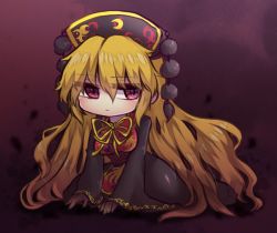 Rule 34 | 1girl, :|, black sleeves, blonde hair, breasts, chinese clothes, closed mouth, commentary request, fox print, hair between eyes, hands on ground, highres, junko (touhou), large breasts, long hair, long sleeves, looking to the side, obi, phoenix crown, purple background, red eyes, ribbon, sash, simple background, sitting, slit pupils, solo, tabard, touhou, unime seaflower, wariza, wide sleeves, yellow neckwear, yellow ribbon