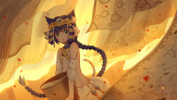 Rule 34 | 1girl, absurdly long hair, animal ears, bare shoulders, basket, bell, braid, brown hair, cat ears, cat girl, cat tail, detached sleeves, egyptian clothes, green eyes, hair between eyes, headpiece, highres, holding, holding basket, ji dao ji, jingle bell, long hair, looking at viewer, low ponytail, original, parted lips, petals, ponytail, puffy short sleeves, puffy sleeves, short sleeves, single braid, skirt, solo, tail, tail raised, teeth, upper teeth only, very long hair, white skirt