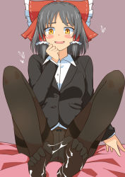 Rule 34 | 1girl, alternate costume, bed sheet, black hair, blush, bow, bow panties, clenched hand, contemporary, cookie (touhou), cum, cum on body, cum on feet, cum on lower body, dress shirt, feet, female focus, formal, hair bow, hair tubes, hakurei reimu, hand on own chin, heart, long sleeves, meis (terameisu), no pants, office lady, open mouth, panties, panties under pantyhose, pantyhose, purple background, sananana (cookie), shirt, short hair, smile, solo, suit, toes, touhou, underwear, yellow eyes