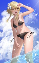 Rule 34 | 1girl, :d, absurdres, alternate costume, bikini, black bikini, blonde hair, blue sky, blush, breasts, cleavage, cloud, cloudy sky, commentary, day, feet out of frame, flower, genshin impact, hair between eyes, hair flower, hair ornament, highres, looking at viewer, lumine (genshin impact), medium breasts, medium hair, navel, ocean, open mouth, outdoors, paid reward available, side-tie bikini bottom, sidelocks, sky, smile, solo, standing, stomach, string bikini, sunlight, swimsuit, wading, wet, yellow eyes, yumeto (ym-1)