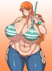 Rule 34 | 1girl, absurdres, breasts, cleavage, female focus, hand on own hip, highres, huge breasts, large breasts, long hair, muscular, muscular female, nami (one piece), one piece, orange hair, over shoulder, polearm, pubic hair, shoulder tattoo, swimsuit, tagme, tattoo, weapon, weapon over shoulder, ponkotsu (robolobo4956)