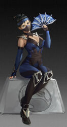 Rule 34 | 1girl, absurdres, armor, black footwear, black hair, blue eyes, blue gloves, blue pants, boots, breasts, cleavage, commentary, earrings, english commentary, fingerless gloves, full body, gloves, hair bun, hand fan, highres, holding, holding fan, holding weapon, jewelry, kitana, knee boots, large breasts, logo, lonwa a, mask, medium breasts, mortal kombat (series), mortal kombat 11, mouth mask, ninja, ninja mask, pants, pauldrons, shirt, shoulder armor, signature, single hair bun, sitting, sleeveless, sleeveless shirt, solo, weapon