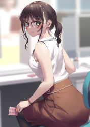 Rule 34 | 1girl, bare shoulders, blurry, blurry background, blush, brown-framed eyewear, brown hair, brown pantyhose, brown skirt, chair, closed mouth, depth of field, from behind, glasses, green eyes, holding, jonsun, looking at viewer, looking back, office chair, office lady, on chair, original, pantyhose, pencil skirt, ponytail, shirt, sitting, skirt, sleeveless, sleeveless shirt, smile, solo, swivel chair, translated, white shirt