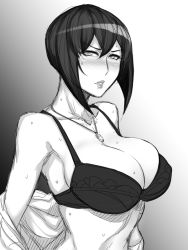 Rule 34 | 1girl, black beat, blush, bra, breasts, bursting breasts, cleavage, female focus, gradient background, greyscale, jewelry, large breasts, lips, looking at viewer, mature female, monochrome, necklace, parted lips, short hair, solo, sweat, underwear, undressing
