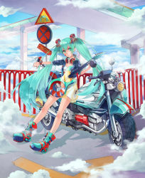 Rule 34 | 1girl, 39, absurdres, boots, cgiftrsnut, cloud, dress, electric guitar, frown, green eyes, green hair, guitar, hatsune miku, headphones, headphones around neck, highres, instrument, long hair, matching hair/eyes, motor vehicle, motorcycle, railing, sign, sky, solo, thumbs down, twintails, vehicle, very long hair, vocaloid, watch