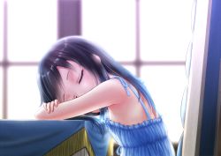 Rule 34 | 10s, 1girl, alternate costume, asashio (kancolle), black hair, blue dress, blurry, casual, chair, closed eyes, depth of field, desk, dress, from side, gotou hisashi, highres, indoors, kantai collection, long hair, sleeping, solo, spaghetti strap, upper body, window