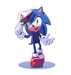 Rule 34 | 1boy, angiethecat, animal ears, blue jacket, furry, furry male, gloves, green eyes, hat, highres, jacket, looking at viewer, open mouth, red footwear, shoes, simple background, solo, sonic (series), sonic the hedgehog, the murder of sonic the hedgehog, white background, white gloves, white hat