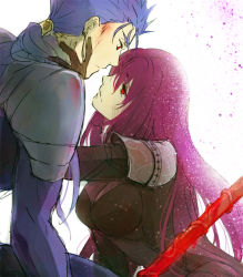 Rule 34 | 1boy, 1girl, armor, blue hair, bodysuit, breasts, cu chulainn (fate), fate/grand order, fate/stay night, fate (series), gae bolg (fate), cu chulainn (fate/stay night), long hair, polearm, purple hair, red eyes, scathach (fate), scathach (fate), shoulder pads, spear, weapon