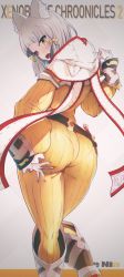 Rule 34 | 1girl, animal ear fluff, animal ears, ass, ass support, blush, bodysuit, cat ears, cat girl, embarrassed, from behind, highres, huge ass, looking back, nia (xenoblade), open mouth, pantylines, ribbed bodysuit, silver hair, wangchaoran1, xenoblade chronicles (series), xenoblade chronicles 2, yellow eyes