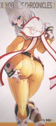 1girl animal_ear_fluff animal_ears ass ass_support blush bodysuit cat_ears cat_girl embarrassed from_behind highres huge_ass looking_back nia_(xenoblade) open_mouth pantylines ribbed_bodysuit silver_hair wangchaoran1 xenoblade_chronicles_(series) xenoblade_chronicles_2 yellow_eyes