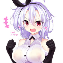 Rule 34 | +++, 1girl, :d, ahoge, azur lane, bare shoulders, black gloves, black hairband, black ribbon, blush, breasts, collared shirt, commentary request, covered erect nipples, dress shirt, elbow gloves, fang, fur-trimmed gloves, fur trim, gloves, hair between eyes, hair ribbon, hairband, heart, highres, kent (azur lane), large breasts, looking at viewer, no bra, one side up, open mouth, red eyes, ribbon, shirt, silver hair, simple background, sleeveless, sleeveless shirt, smile, solo, translation request, upper body, v-shaped eyebrows, watarui, white background, white shirt