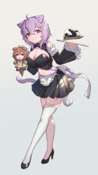Rule 34 | 1girl, :3, ahoge, animal ear fluff, animal ears, apron, black footwear, black shirt, black skirt, breasts, cat ears, cat girl, cat tail, character doll, cleavage, closed mouth, crossed bangs, doll, food, frilled apron, frilled sleeves, frills, full body, high heels, highres, holding, holding doll, holding plate, hololive, inugami korone, large breasts, long sleeves, looking at viewer, midriff, miniskirt, navel, nekomata okayu, onigiri, plate, pleated skirt, purple eyes, purple hair, shirt, single thighhigh, skirt, solo, standing, tail, thighhighs, uneg, virtual youtuber, waist apron, white apron, white thighhighs