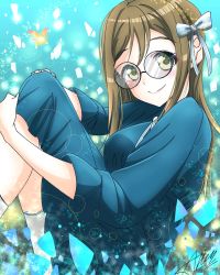 Rule 34 | 1girl, artist name, artist request, bare legs, blue bow, blue dress, blue skirt, blush, bow, breasts, brown eyes, brown hair, bug, butterfly, buttons, dress, female focus, floating hair, frilled sleeves, frills, glasses, hair between eyes, hair bow, hands on own knees, highres, holding, holding legs, insect, kunikida hanamaru, light brown hair, long hair, long sleeves, looking at viewer, love live!, love live! school idol festival, love live! sunshine!!, medium breasts, miniskirt, mitaiken horizon, mitaiken horizon (love live!), orange butterfly, parted lips, plaid, plaid dress, plaid skirt, pleated, pleated dress, pleated skirt, ribbon, skirt, smile, solo, striped bow, striped ribbon, wavy hair, white bow, white legwear, white ribbon, yellow eyes
