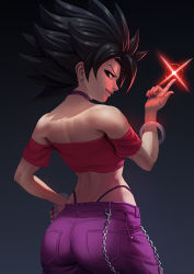 Rule 34 | 1girl, ass, back, bangle, bare shoulders, big hair, black hair, borrowed design, bracelet, caulifla, choker, commentary, denim, dragon ball, dragon ball super, earrings, energy ball, english commentary, fingernails, from behind, hand on own hip, highleg, highleg panties, index finger raised, jeans, jewelry, looking at viewer, looking back, nail polish, panties, pants, purple choker, purple nails, purple pants, red tube top, saiyan, shoulder blades, solo, spiked hair, strapless, toned, tube top, underwear, wallet chain, zetman92