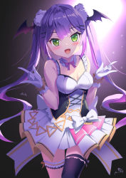 Rule 34 | 1girl, backlighting, blush, bow, breasts, cleavage, green eyes, head wings, highres, hololive, hololive idol uniform, idol clothes, long hair, m/, mystic-san, purple hair, single thighhigh, small breasts, solo, thigh strap, thighhighs, tokoyami towa, twintails, virtual youtuber, white bow, wings