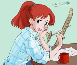 Rule 34 | 1girl, anbj, blue eyes, brown hair, cup, earrings, fio piccolo, jewelry, kurenai no buta, long hair, looking at viewer, open mouth, paper, plaid, ponytail, red hair, shirt, smile, solo, table