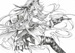 Rule 34 | 1girl, absurdres, alpha (punishing: gray raven), bandaged leg, bandages, bow, fighting stance, folmauth, hair between eyes, hair bow, headgear, headphones, highres, holding, holding sword, holding weapon, jacket, long hair, long sleeves, lucia: crimson abyss (punishing: gray raven), mechanical arms, monochrome, punishing: gray raven, shirt, solo, sword, traditional media, very long hair, weapon