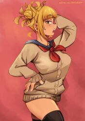Rule 34 | 1girl, absurdres, arm up, black thighhighs, blonde hair, blunt bangs, blush, boku no hero academia, breasts, brown sweater, dashi (dashiart), double bun, hair bun, hand on own hip, highres, large breasts, messy hair, neckerchief, no pants, open mouth, red background, red neckerchief, shiny skin, sideways glance, simple background, solo, sweater, teeth, thighhighs, toga himiko, watermark, web address