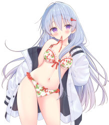 Rule 34 | 1girl, antenna hair, bikini, blue hair, blush, breasts, closed mouth, collarbone, commentary request, food-themed hair ornament, food print, frilled bikini, frills, hair between eyes, hair ornament, hairclip, jacket, lala tramont, leaning to the side, long hair, long sleeves, looking at viewer, mouth hold, navel, off shoulder, open clothes, open jacket, original, print bikini, puffy long sleeves, puffy sleeves, purple eyes, simple background, sleeves past fingers, sleeves past wrists, small breasts, solo, strawberry hair ornament, strawberry print, swimsuit, very long hair, white background, white bikini, white jacket, yuuki rika