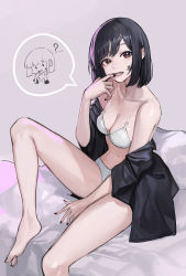 Rule 34 | 1girl, ?, absurdres, barefoot, black hair, black nails, black shirt, bra, braces, breasts, brown eyes, chibi, cleavage, facial tattoo, finger in own mouth, foot out of frame, grey background, highres, knee up, looking at viewer, mac star, medium breasts, mouth pull, nail polish, navel, open clothes, open shirt, original, panties, shirt, short hair, sitting, solo, speech bubble, spoken character, spoken question mark, star tattoo, swept bangs, tattoo, toes, underwear, white bra, white panties