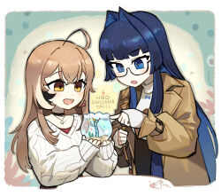 2girls :d :o ahoge aran_sweater artist_self-insert berry black_choker blue_eyes blue_hair blunt_bangs bowl brown_coat brown_eyes brown_hair cable_knit choker coat colored_inner_hair coral crossed_bangs denim earrings fang fishbowl food-themed_earrings glasses guoo hair_between_eyes hair_intakes happy_birthday high-waist_pants hime_cut holding holding_bowl hololive hololive_english jeans jewelry long_hair multicolored_hair multiple_girls nanashi_mumei nanashi_mumei_(casual) necklace open_mouth ouro_kronii ouro_kronii_(casual) pants rectangular_eyewear red_shirt shirt sleeves_past_wrists smile streaked_hair sweater sweater_tucked_in teeth trench_coat turtleneck upper_teeth_only very_long_hair virtual_youtuber water white_sweater