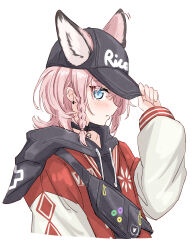 1girl absurdres adjusting_clothes adjusting_headwear animal_ears arknights arm_up black_choker black_hat black_hood blue_eyes blush braid choker clothes_writing commentary cropped_torso cross drawstring earrings ears_through_headwear greek_cross hat highres hood hood_down hooded_jacket jacket jewelry long_sleeves looking_at_viewer maiq06 official_alternate_costume peaked_cap pink_hair profile red_jacket short_hair simple_background solo sussurro_(arknights) sussurro_(travel_freely)_(arknights) white_background