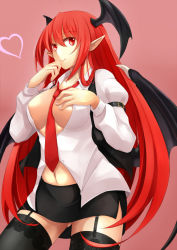 Rule 34 | 1girl, arm garter, asya, bat wings, belt, between breasts, black thighhighs, breast hold, breasts, embodiment of scarlet devil, female focus, finger to mouth, garter straps, head wings, heart, highres, koakuma, lace, lace-trimmed legwear, lace trim, large breasts, long hair, miniskirt, navel, necktie, no bra, open clothes, open shirt, pink background, pointy ears, red eyes, red hair, red necktie, shirt, simple background, skirt, smile, solo, thighhighs, touhou, unbuttoned, wings, zettai ryouiki
