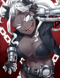 Rule 34 | 1girl, :d, abs, arm up, armband, belt, bikini, black belt, black bikini, black gloves, black horns, black jacket, breasts, clawed gauntlets, cleavage, collarbone, colored skin, commentary, cowboy shot, dark-skinned female, dark skin, demon girl, demon horns, fangs, gloves, grey skin, helltaker, horns, jacket, judgement (helltaker), large breasts, leather bikini, long hair, looking at viewer, monoton (neoteto), navel, open clothes, open jacket, open mouth, parted bangs, ponytail, red background, sidelocks, skindentation, smile, solo, standing, stomach, swimsuit, teeth, white eyes, white hair