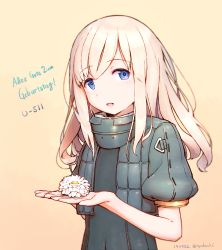 Rule 34 | 1girl, :d, blonde hair, blue eyes, blush, commentary request, cropped jacket, flower, german text, highres, holding, holding flower, kantai collection, long hair, long sleeves, looking at viewer, military, nakaaki masashi, open mouth, puffy sleeves, simple background, smile, solo, swimsuit, swimsuit under clothes, translated, u-511 (kancolle), uniform
