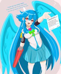 Rule 34 | 1girl, ?, alternate costume, alternate hair color, aqua skirt, aqua wings, arm cannon, bird wings, blue hair, bow, bowtie, breasts, commentary, english commentary, english text, fang, feet out of frame, green bow, green bowtie, hair between eyes, half-closed eye, heart, highres, just hatto, long hair, looking at viewer, medium breasts, open mouth, outstretched arm, pink background, red eyes, reiuji utsuho, shirt, sidelocks, simple background, skin fang, skindentation, skirt, smile, solo, standing, thighhighs, touhou, twitter, very long hair, weapon, white shirt, white thighhighs, wings, zettai ryouiki