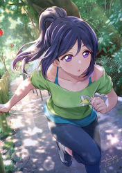 Rule 34 | 1girl, :o, artist name, blue hair, blue pants, collarbone, commentary request, dated, green shirt, highres, love live!, love live! sunshine!!, matsuura kanan, outdoors, pants, ponytail, purple eyes, running, shamakho, shirt, shoes, short sleeves, solo