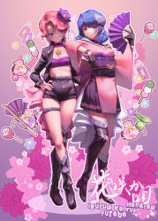 Rule 34 | 2girls, absurdres, arm on another&#039;s shoulder, asymmetrical footwear, bandeau, bare shoulders, bell, black footwear, black gloves, black jacket, black shorts, blue hair, blunt bangs, boots, breasts, brown eyes, candy, character name, chiroro (joy jun cool), choker, chupa chups, cleavage, closed mouth, collarbone, commentary request, crossed legs, dango, earrings, fingernails, floral background, floral print, flower, flower earrings, folding fan, food, full body, gloves, gradient background, hair flower, hair ornament, hanayagi kaoruko, hand fan, hand on own hip, hands up, high-waist shorts, high heel boots, high heels, highres, holding, holding fan, huge filesize, isurugi futaba, jacket, japanese clothes, jewelry, jingle bell, kimono, kimono skirt, knee boots, leaf hair ornament, leather, leather jacket, light blush, lollipop, long sleeves, looking at viewer, looking away, looking to the side, medium breasts, medium hair, midriff, multicolored clothes, multicolored hair, multicolored kimono, multiple girls, nail polish, obi, obijime, off shoulder, omamori, open clothes, open jacket, outline, paper fan, pendant, pendant choker, pink background, pink flower, pink hair, pink kimono, print bag, purple background, purple choker, purple eyes, purple flower, purple kimono, purple nails, sanshoku dango, sash, short hair, short shorts, shorts, shoujo kageki revue starlight, side-by-side, sideways glance, single stripe, smile, standing, star (symbol), strapless, streaked hair, striped clothes, striped kimono, studded bracelet, thigh boots, thigh strap, thighhighs, translation request, tube top, uneven footwear, v-shaped eyebrows, wagashi, waist cape, white flower, white outline, wide sleeves