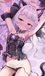 Rule 34 | 1girl, absurdres, animal ear fluff, animal ears, armpits, arms up, black panties, black ribbon, blunt bangs, blush, bow, bow panties, breasts, cat ears, cat girl, cat tail, closed mouth, cocozasa, frills, gluteal fold, hair ribbon, halterneck, highres, hololive, long hair, lying, murasaki shion, murasaki shion (gothic lolita), navel, no pants, on back, panties, ribbon, side-tie panties, silver hair, small breasts, solo, tail, twintails, underwear, virtual youtuber, yellow eyes