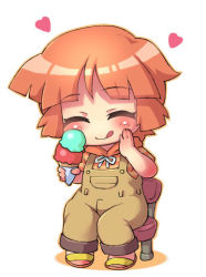 Rule 34 | 1girl, :q, blush, chair, character request, closed eyes, food, full body, hand on own face, heart, holding, ice cream, orange hair, overalls, sandals, sankuma, short hair, simple background, sitting, smile, solo, tongue, tongue out, white background