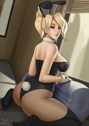 Rule 34 | 1girl, absurdres, animal ears, ass, asymmetrical hair, back, bare shoulders, bed, bedroom, black pantyhose, blonde hair, blue eyes, breasts, deilan12, detached collar, eyeshadow, fake animal ears, from behind, full body, hair over one eye, highres, hip focus, huge ass, large breasts, leotard, lips, looking at viewer, looking back, makeup, mercy (overwatch), no shoes, no wings, on bed, overwatch, overwatch 1, pantyhose, parted lips, pillow, pink lips, playboy bunny, ponytail, rabbit ears, rabbit tail, see-through, see-through legwear, sideboob, signature, sitting, smile, solo, tail, thick thighs, thighhighs, thighhighs over pantyhose, thighs, toes, wariza, wide hips, wrist cuffs