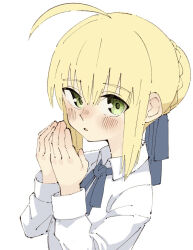 Rule 34 | 1girl, ahoge, artoria pendragon (all), artoria pendragon (fate), blonde hair, blue ribbon, blush, collared shirt, expressionless, fate/stay night, fate (series), green eyes, hair bun, hair ribbon, highres, long sleeves, looking at viewer, neck ribbon, own hands together, parted lips, ribbon, saber (fate), shirt, sidelocks, simple background, sketch, solo, tenoo12, upper body, white background, white shirt