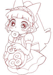 Rule 34 | 00s, 1girl, akazutsumi momoko, apron, blunt bangs, blush, cowboy shot, doughnut, dress, eating, eyebrows, food, headband, holding, hyper blossom, long hair, monochrome, mouth hold, ponytail, powerpuff girls, powerpuff girls z, puffy short sleeves, puffy sleeves, red theme, short sleeves, simple background, smile, solo, sonotoki, standing, sweets, thick eyebrows, tray, very long hair, waitress, white background