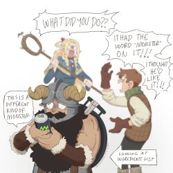 Rule 34 | 1girl, 2boys, arguing, blank eyes, blurry, blurry background, chilchuck tims, commentary, constricted pupils, dungeon meshi, english commentary, english text, highres, holding, holding staff, marcille donato, multiple boys, muscular, muscular male, scared, senshi (dungeon meshi), short hair, shouting, speech bubble, staff, trudlejack, turn pale, upper body