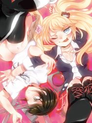 Rule 34 | 1mascot, 2girls, arm over arm, ass, bear hair ornament, black hair, black ribbon, black shirt, blonde hair, blood, bloody weapon, blue eyes, blush, breasts, calf boots, calf socks, choker, cleavage, collarbone, collared shirt, cuddling, danganronpa: trigger happy havoc, danganronpa (series), enoshima junko, eyelashes, fake nails, fingernails, freckles, grey eyes, hair ornament, hand on another&#039;s chest, holding another&#039;s arm, ikusaba mukuro, incest, knees, knees up, long eyelashes, monokuma, multiple girls, nail polish, neck ribbon, necktie, neckwear request, one eye closed, plaid, plaid skirt, pleated skirt, polearm, red button, red nails, red skirt, ribbon, shirt, siblings, sisters, skirt, smile, spear, tongue, tongue out, twincest, twins, twintails, weapon, white shirt, yuri