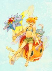 Rule 34 | 00s, 1990s (style), 1girl, bad id, bad pixiv id, bare arms, bare legs, bare shoulders, barefoot, belly, bikini, creatures (company), game freak, gen 1 pokemon, gym leader, highres, kaibashira, looking at viewer, magikarp, misty (pokemon), navel, nintendo, open mouth, orange hair, pokemon, pokemon (anime), pokemon (classic anime), pokemon (creature), pokemon frlg, pokemon rgby, poliwhirl, retro artstyle, short hair, shorts, side ponytail, smile, starmie, swimsuit