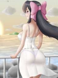 Rule 34 | 1girl, absurdres, ass, back, black hair, bow, breasts, closed mouth, cloud, commentary request, covered erect nipples, dress, hair bow, highres, large breasts, long hair, noihara himari, omamori himari, outdoors, panties, pink bow, ponytail, purple eyes, purple panties, see-through, sky, smile, solo, standing, tsukare (ttsukae), underwear, water, white dress