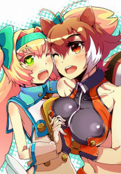 Rule 34 | 2girls, ;d, ahoge, animal ears, arc system works, asymmetrical docking, blazblue, blazblue: continuum shift, blonde hair, breast press, breasts, brown hair, fingerless gloves, gloves, green eyes, hair ribbon, looking at viewer, makoto nanaya, midriff, multicolored hair, multiple girls, muruaka, one eye closed, open mouth, orange eyes, platinum the trinity, ribbon, simple background, smile, squirrel ears, squirrel tail, tail, teeth, two-tone hair, white hair, wink, wrist cuffs