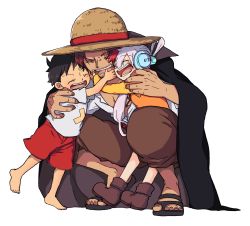 Rule 34 | 1girl, 2boys, abs, absurdres, age difference, aged down, artist request, black cape, black hair, cape, carrying, child, dress, facial hair, father and daughter, full body, grin, happy, hat, headphones, highres, hug, laughing, long hair, looking at another, monkey d. luffy, multicolored hair, multiple boys, one piece, one piece film: red, red hair, scar, scar across eye, shanks (one piece), short hair, simple background, smile, squatting, straw hat, two-tone hair, uta (one piece), very long hair, white background, yellow dress